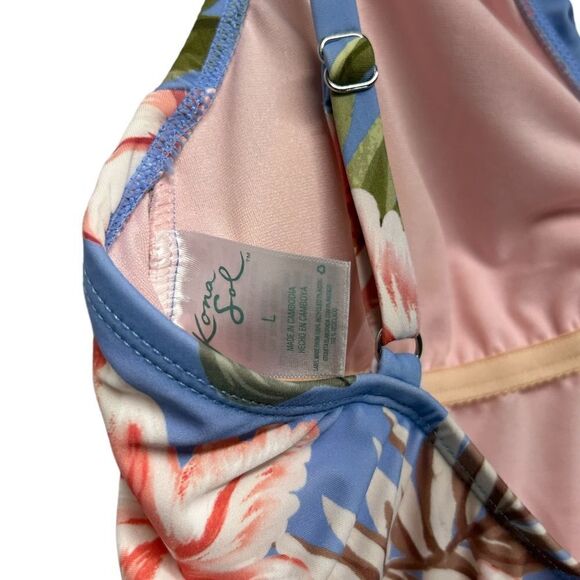 Kona Sol Light Blue Floral One Piece Swimsuit Pink Flowers Ruffles Bathing Suit - Picture 4 of 5
